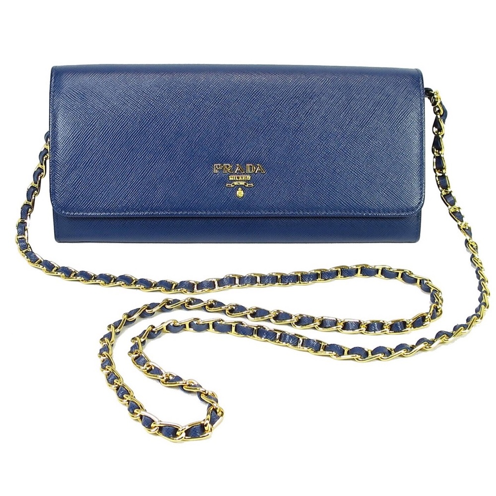 Prada Saffiano Metal Oro Wallet on Chain (Bluette)